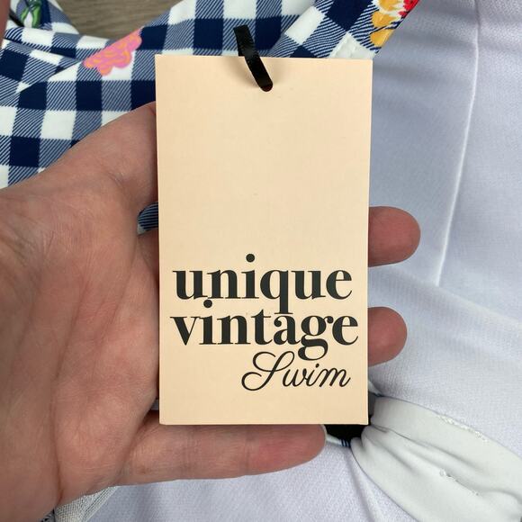 Unique Vintage Navy Gingham Floral Halter Tie Romper Style Swimsuit Sz.S/4 NWT - Picture 8 of 16